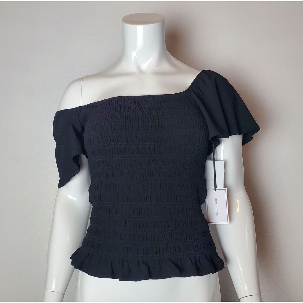NEW 1.STATE Black Ruched Balletcore Top